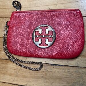 Tory Burch Coral Leather Wristlet Zip Pouch Clutch Bag Chain Strap Logo